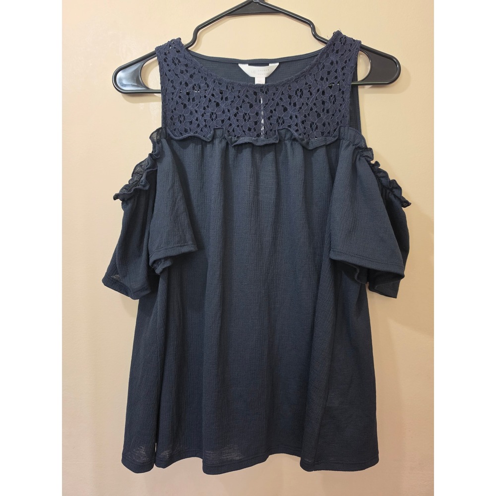 LC Lauren Conrad Womens India Ink Cold Shoulder Crochet Lace Top Blue Medium NWT